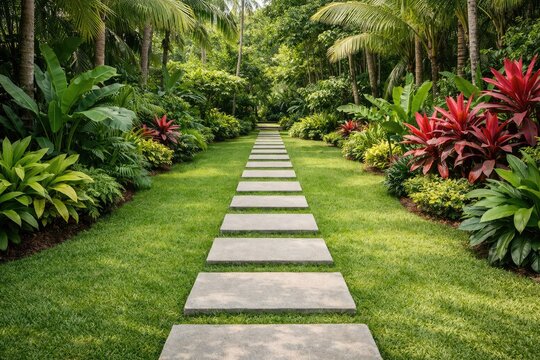 Stone stepping path through a lush tropical garden with green palm trees, vibrant red bromeliad plants, and manicured grass on a sunny summer day