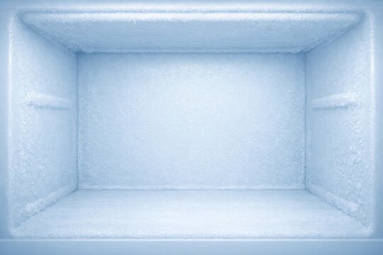 The interior of an empty freezer compartment covered in a thick layer of white frost and ice crystals with a cold blue light and frozen surfaces