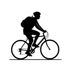 Naklejka premium Silhouette of a male cyclist riding a bicycle with backpack and helmet