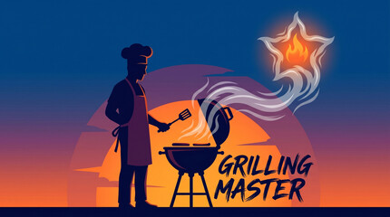 Naklejka premium A skilled chef silhouette masterfully grills a delicious barbecue feast under the warm, tranquil glow of a golden hour sunset, with smoke gracefully ascending into the serene twilight