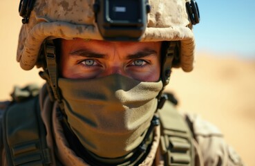 Obraz premium Focused soldier in camouflage helmet, tactical gear on sandy battlefield. Blue eyes show vigilance, determination during desert military operation. Intense gaze conveys readiness, resolve in harsh