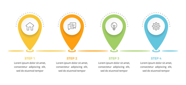 Horizontal process infographic template with four colorful map pointer markers