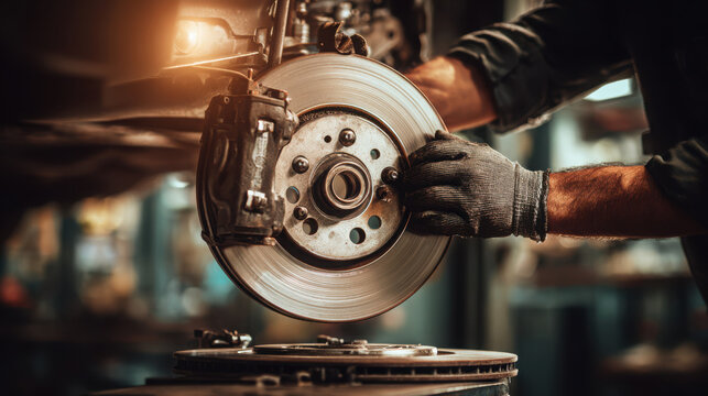 Mechanic inspecting and handling a car brake rotor in a workshop setting carefully