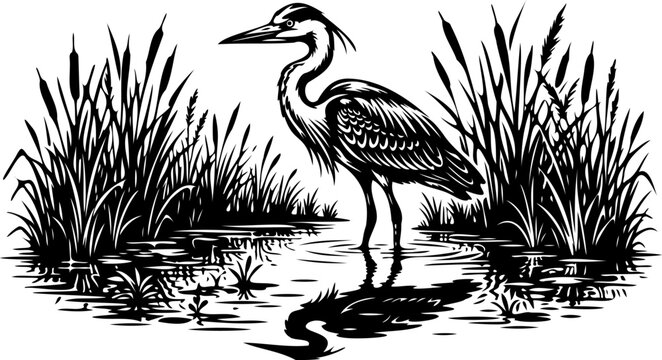 Heron in Wetland Bold Silhouette Vector