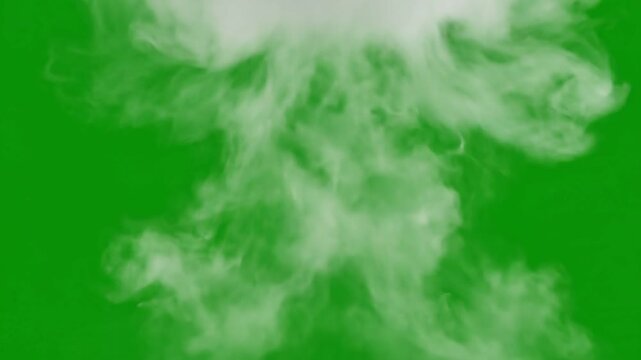 Explosive smoke plume erupts and expands upwards with chaotic turbulent motion against a vibrant green screen background atmospheric special effect dynamic event dramatic visual 4k ai video