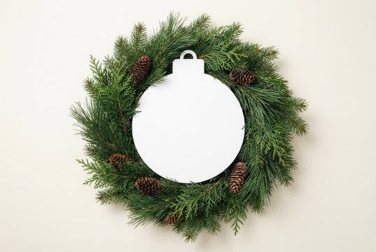 Wreath made of green pine branches and brown pine cones with a large white blank circular ornament in the center on a plain background