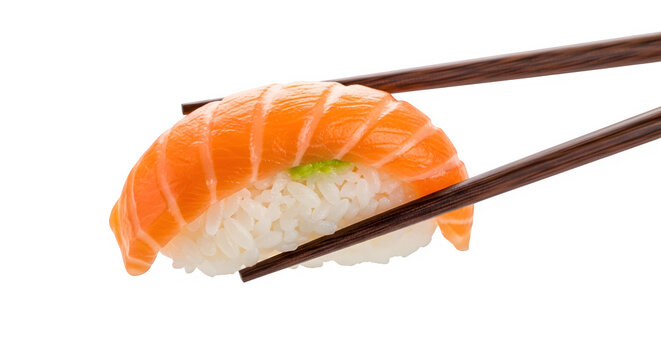 Salmon nigiri sushi piece isolated on transparent background japanese cuisine delicacy