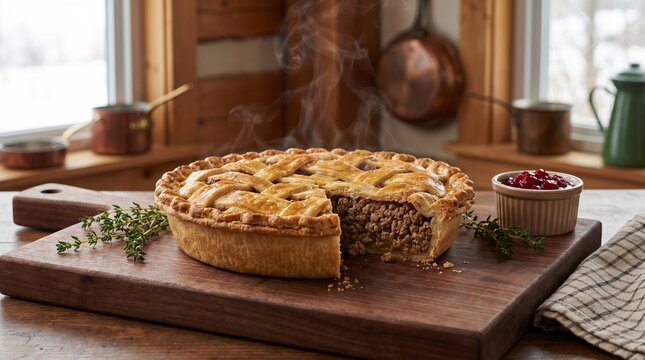Canadian Food Traditional Tourtiere Meat Pie with Flaky Pastry, French-canadi