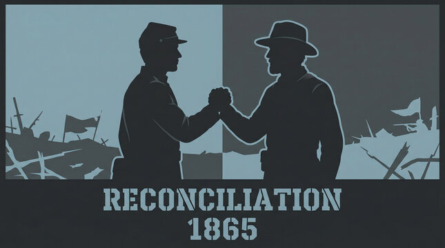 Symbolic Illustration of Reconciliation Between Union and Confederate Soldiers Shaking Hands in 1865, Representing the Healing of a Nation Post-Civil War Conflict