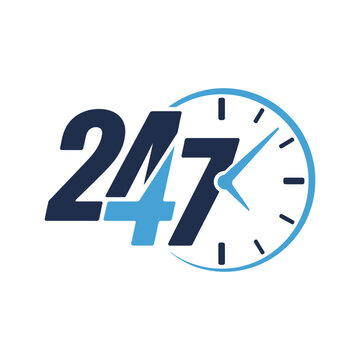Graphic illustration featuring typography twenty four seven surrounded by clock hand motif representing constant availability service.