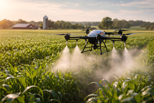 Agricultural drone spraying crops in green farm field, smart farming technology