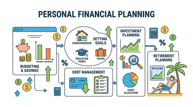 Financial planning concept shows budgeting, saving, setting goals, debt management