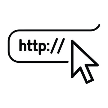 Simple linear icon of computer browser bar showing protocol prefix text and mouse cursor arrow pointing towards user clickable area.