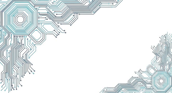 Sophisticated circuit board background with geometric elements, blue lines and white space, technological design.