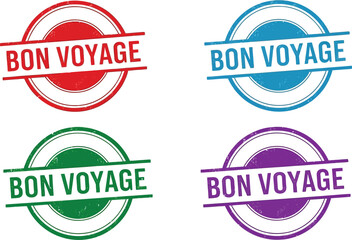 Obraz premium Vintage Bon Voyage rubber stamp set, colorful travel postal marks, 4 grunge vector icons