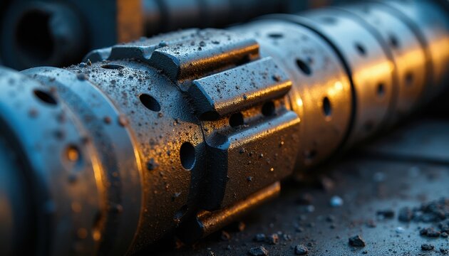 Closeup macro shot of perforating gun tool parts covered in debris. Industrial equipment for oil and gas well completion. Metal components with small holes, gears.