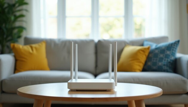 Wireless internet router sits on wooden table in modern living room with sofa. Device provides fast wifi connection throughout cozy home interior. Easy setup for smart home tech.
