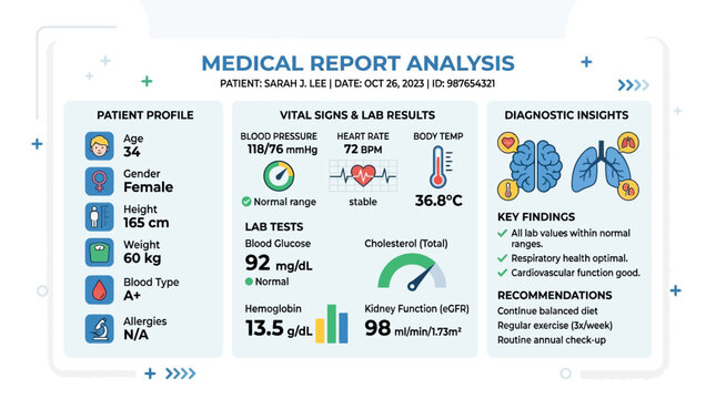 Medical report analysis on a patient profile with vital signs and lab results