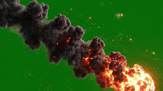 Fiery meteor explosion trail with bright sparks and dark smoke clouds dramatic cinematic descent across green screen background dynamic motion graphics for vfx and compositing intense 4k ai video