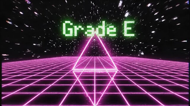 Retro Futuristic Grid Landscape with Glowing Triangle and Grade E Text.