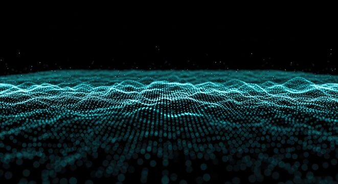 Dynamic digital surface background featuring textured waves, glowing particles, in teal and dark shades with depth in the perspective view