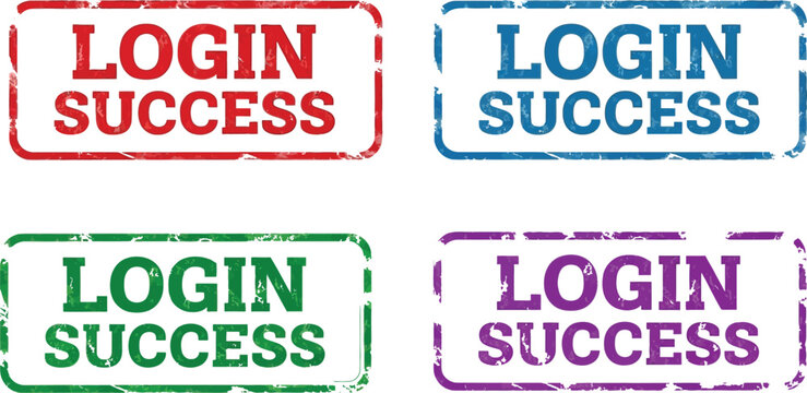 Grunge Login Success rubber stamp set, vintage textured login success icons, 4 vector signs