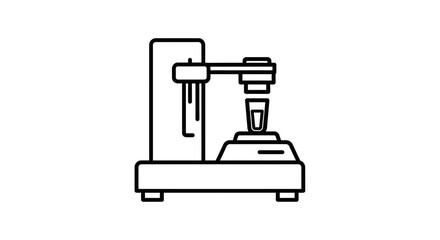 Fototapeta premium Industrial coffee machine brewing espresso shot into a small cup, line art icon.