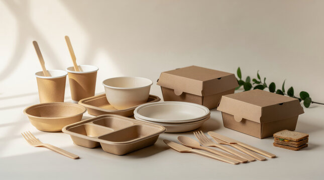 A set of eco friendly disposable tableware including brown paper bowls, plates, food boxes, and wooden cutlery arranged on a light beige surface background