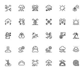 Fototapeta premium Weather icon set. Vector weather symbols collection. Includes wind, sunny, cloudy, raining, snow, thunder, rainbow, temperature and more. Editable stroke.