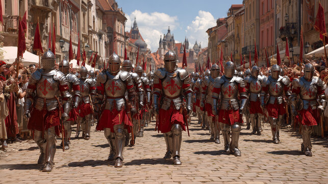 Medieval Festivalul Sighisoara takes place in a historic town with many armor-clad people walking down a cobblestone street.