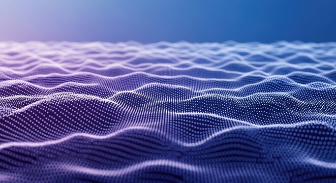 Abstract digital landscape design featuring flowing wave pattern, points of light with purple and blue gradients, with depth in close up