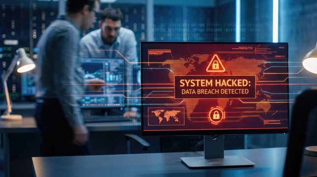 Two men working in a dark office with a computer monitor displaying a system hacked and data breach detected warning with a glowing orange map