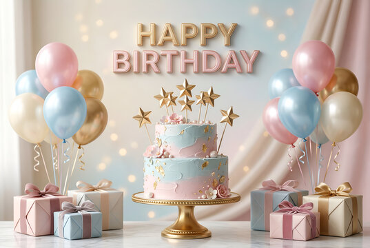 Elegant two tier birthday cake adorned with floral accents and gold stars surrounded by pastel balloons and gift boxes