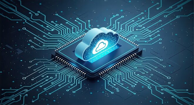 Futuristic background design featuring cloud computing concept, digital circuit details with luminous teal light and modern composition.