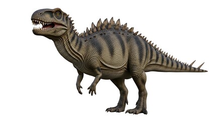 Fototapeta premium Realistic 3D rendering of a large, carnivorous dinosaur with prominent spikes on its back, standing on a white background.