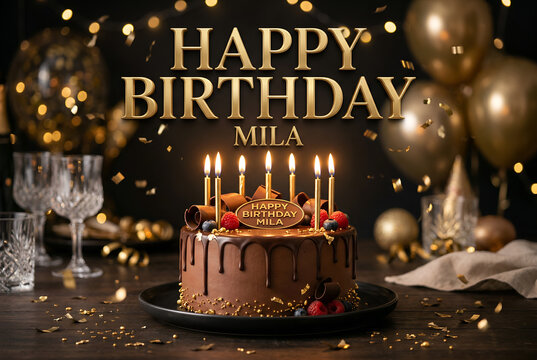 Happy birthday chocolate cake with candles, berries, and name Mila in gold