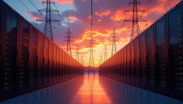 Server racks in data center align with power lines against vibrant sunset sky. Digital infrastructure meets energy supply. Futuristic technology and grid power.