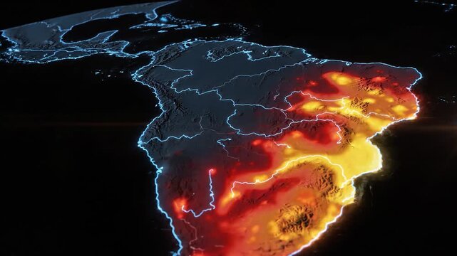 Digital Map of South America Showing Hotspots of Activity and Global Connection with Glowing Lines