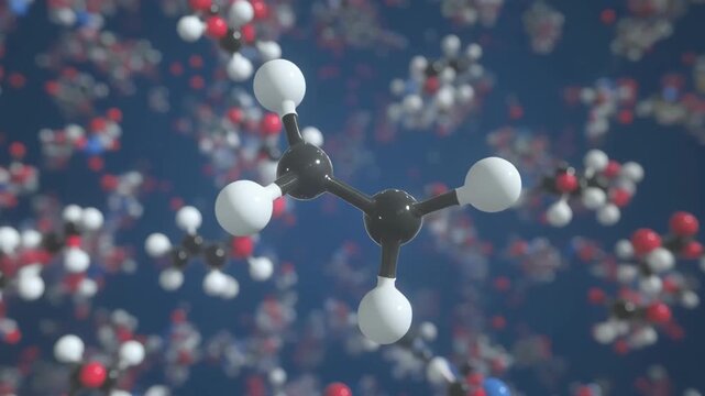 Ethane molecule rotating in a field of blurred molecules against a deep blue background chemistry science