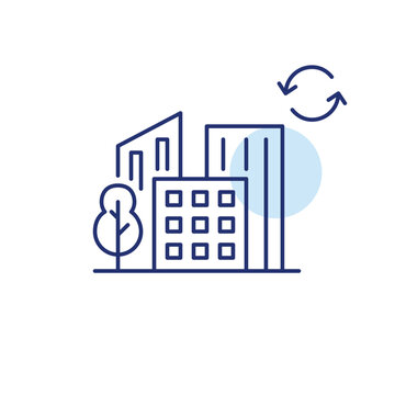 City with green trees and refresh arrows. Ecology, self-sustainable neighbourhoods. Pixel perfect, editable stroke vector icon