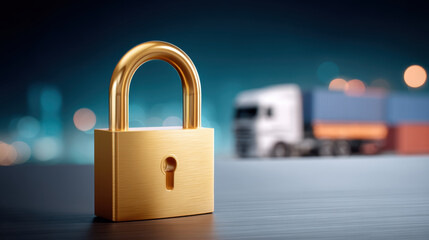 Fototapeta premium Digital data security with gold padlock and blurred truck background