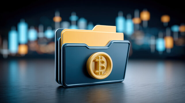 Digital data wallet folder with gold coin icon on dark table