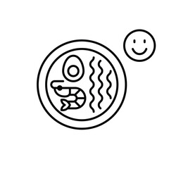 Obraz premium Shrimp ramen and smiley face. Asian food takeaway and delivery. Positive customer feedback. Pixel perfect, editable stroke vector icon