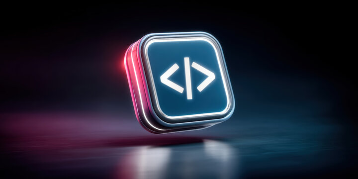 Digital data code icon, glowing 3d symbol for software development