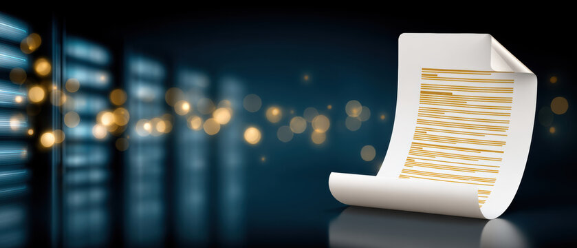 Digital data paper document with golden lines on dark background