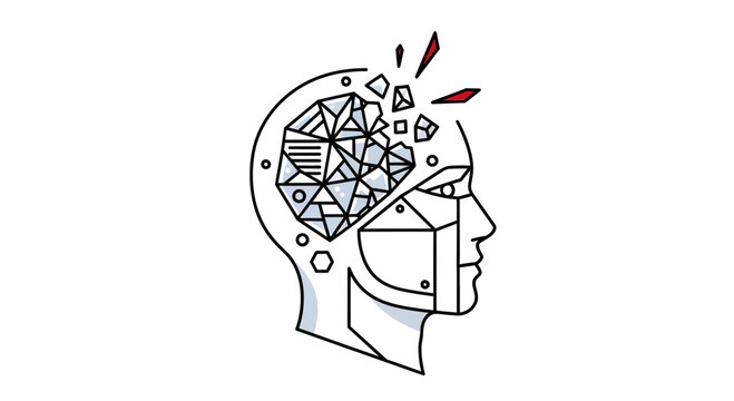 Abstract human head with geometric brain exploding, symbolizing artificial intelligence and innovation