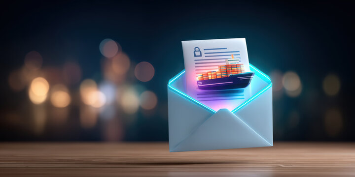 Digital data email security envelope on wood table with lock icon