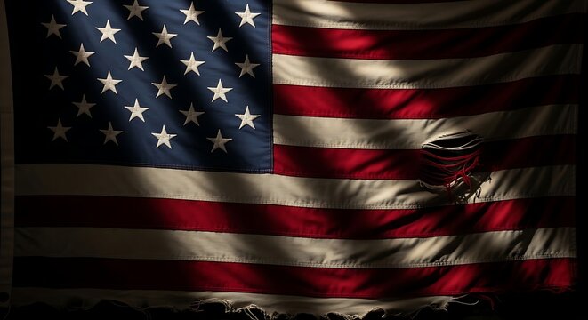 Worn American Flag Draped with Tattered Edges and Dim Lighting