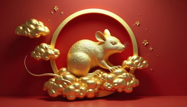 Golden mouse sculpture sits on clouds within a red circle. Metallic rodent art symbolizes wealth. Lunar New Year symbol shines brightly against plain background. Festive decoration.