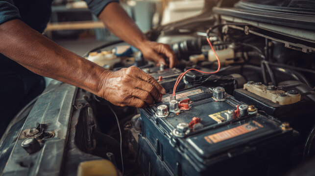 Mechanic connecting jumper cables to car battery in engine compartment